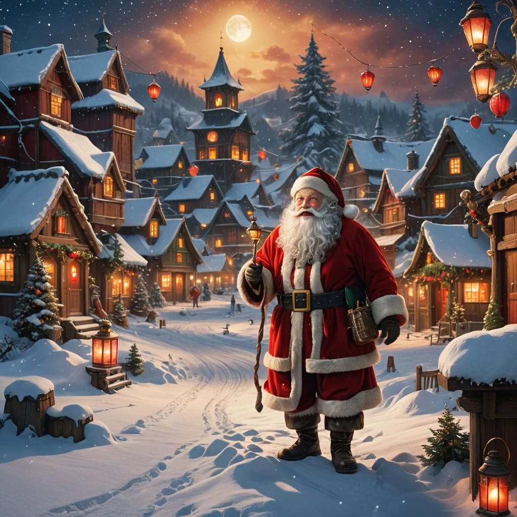Jovial Santa Claus in Snowy Village: Fantasy Concept Art