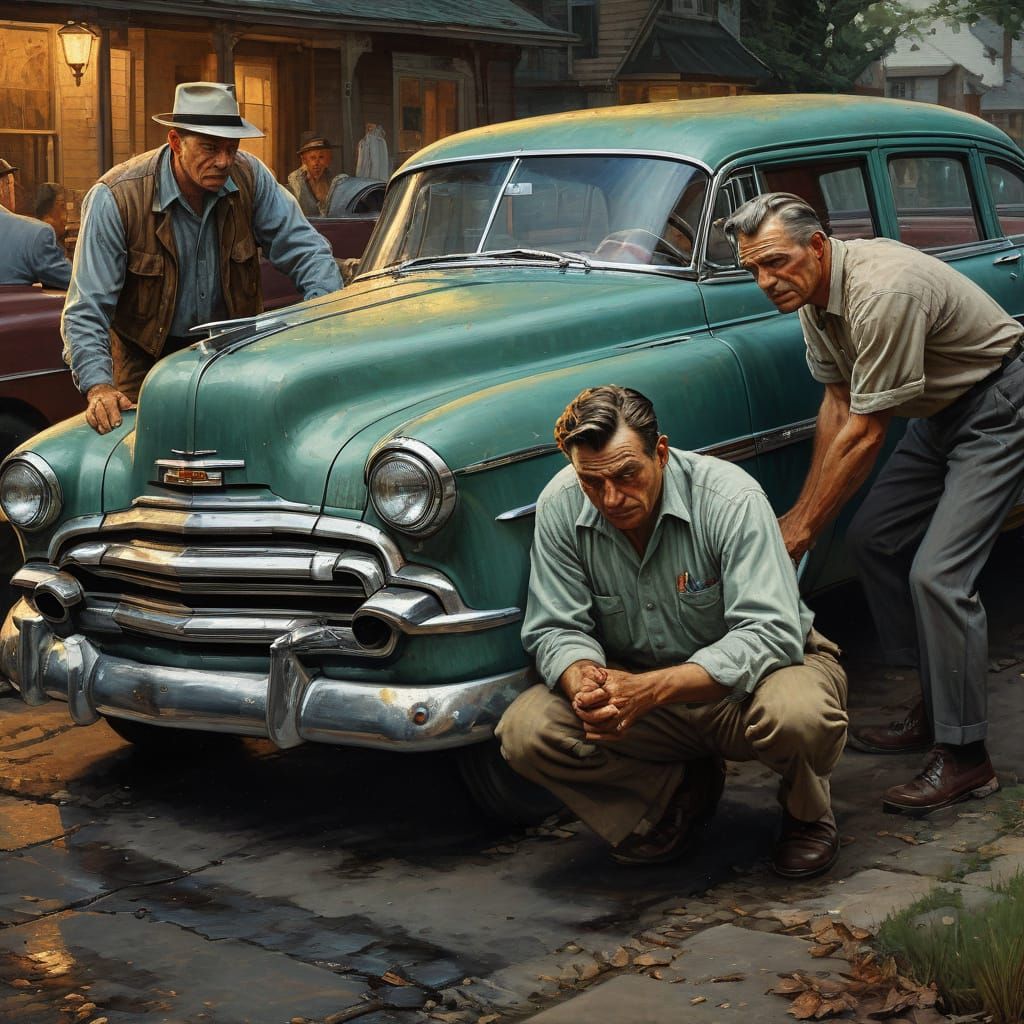 Chevrolet Bel Air Tire Change as Norman Rockwell Painting