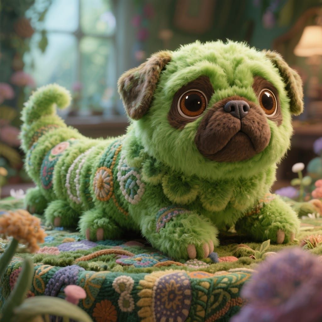 Fluffy Caterpillar with Pug Face in Children's Book Style