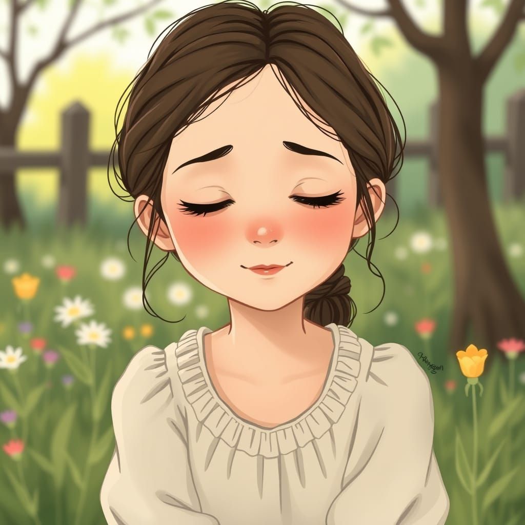 Timid Woman in Garden, Whimsical Illustration