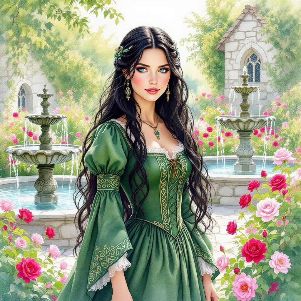 Medieval Noblewoman in Rose Garden, Watercolor Style