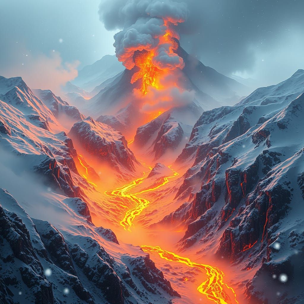 Erupting Volcano Amidst Snowy Mountains in Vibrant, Detailed...