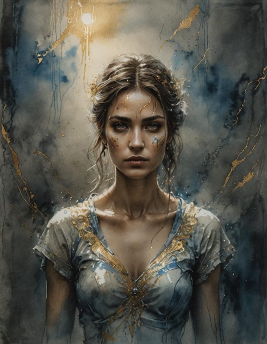 Silver and Gold Ink Portrait with Watercolor