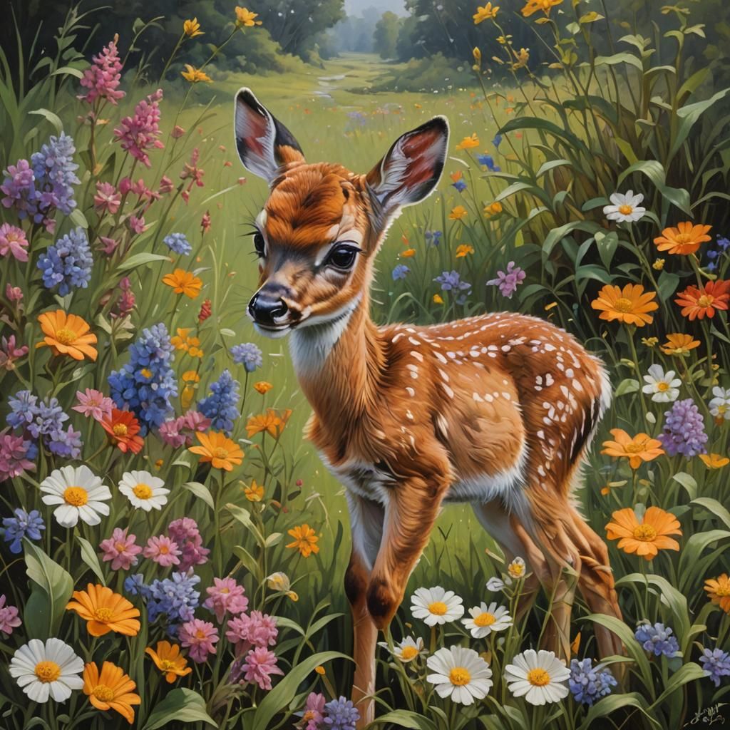 Fawn Amidst Flowers: An Intricate Oil Painting