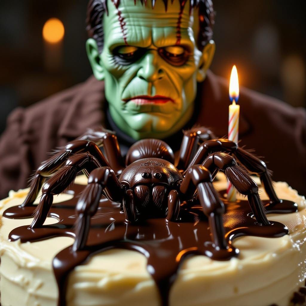 Chocolate Tarantula on Birthday Cake with Frankenstein