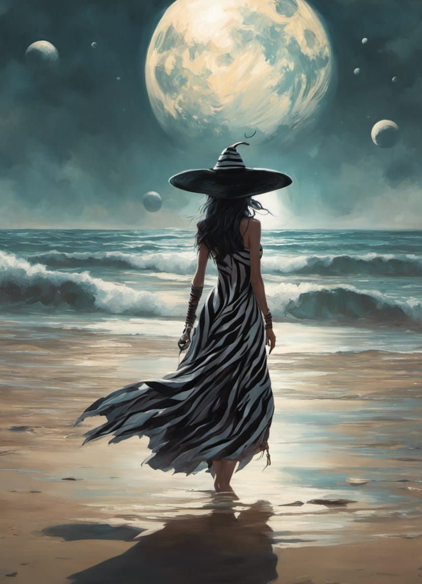 Water Witch Casting Magic on Beach in Cyberpunk Style