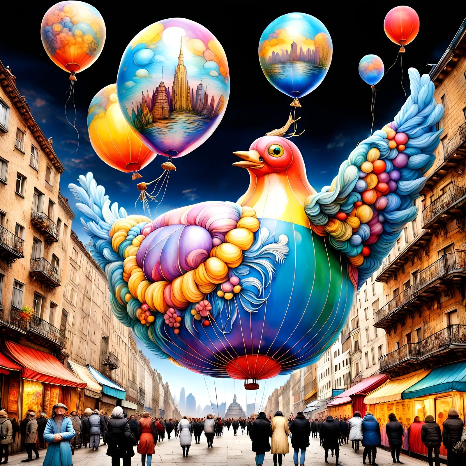 Bird Balloon Soaring Over City, Art Nouveau Style