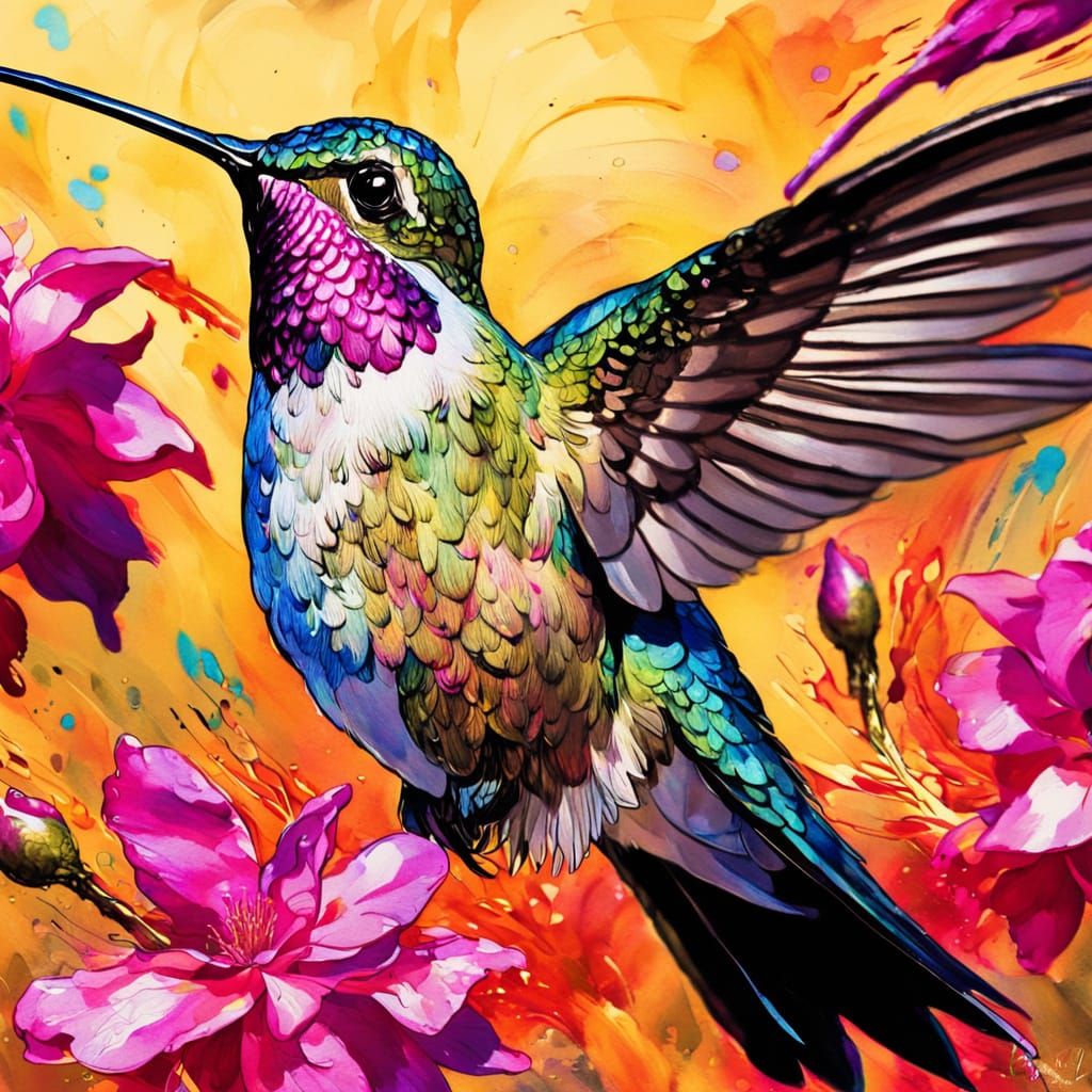 Hummingbird in Flight: Expressive Watercolor Splash Art