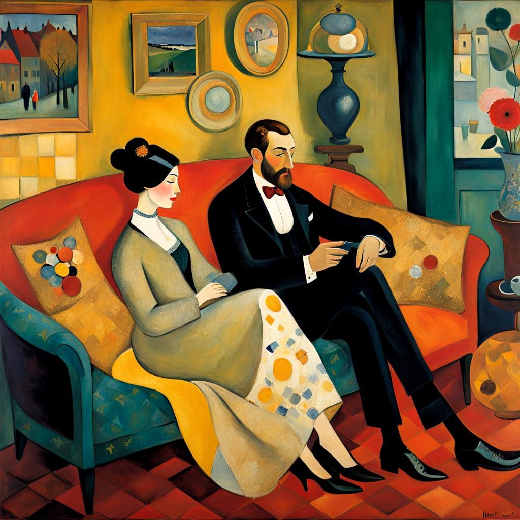 Couple Snuggling on Couch, Naive Art Style