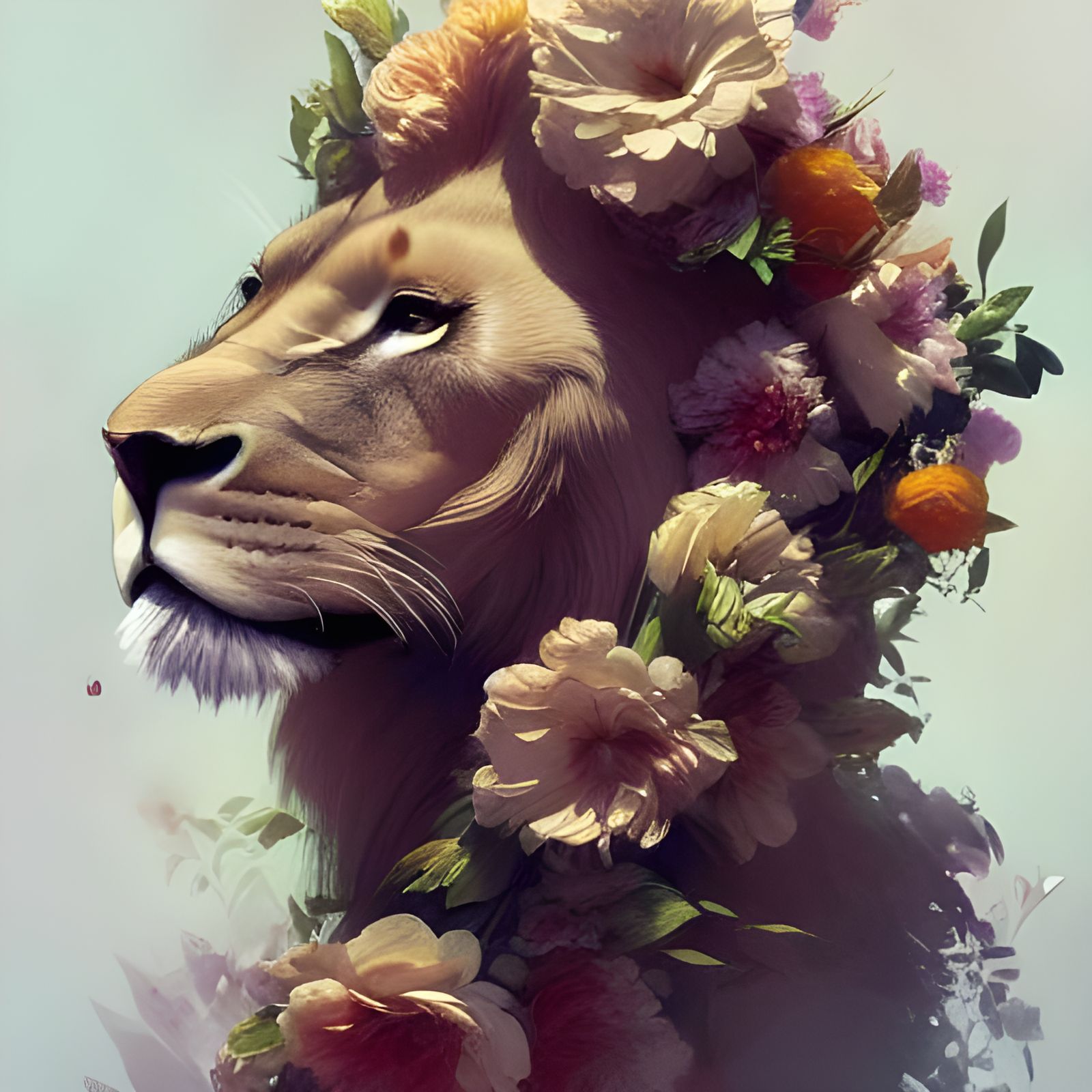 Floral Lion Portrait in Art Nouveau Style
