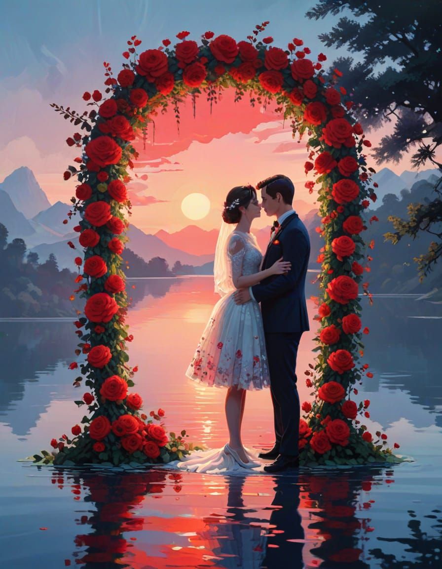 Bold Pop Art Wedding Scene in Vibrant Red and Geometric Form...