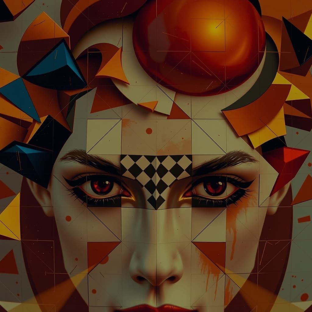 Op Art Geometric Abstraction With Vibrant Red and Blue Shape...