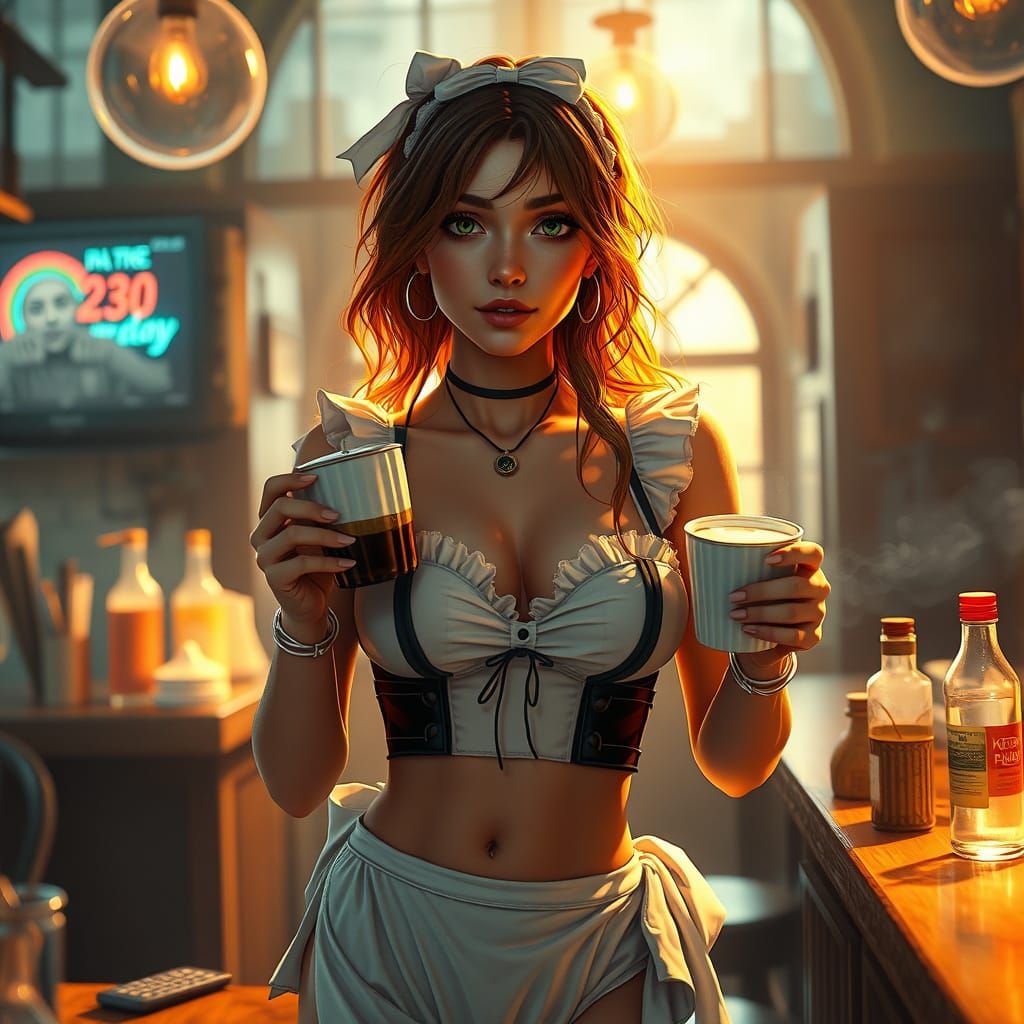 Maid Bikini Woman Serves Coffee in Pub
