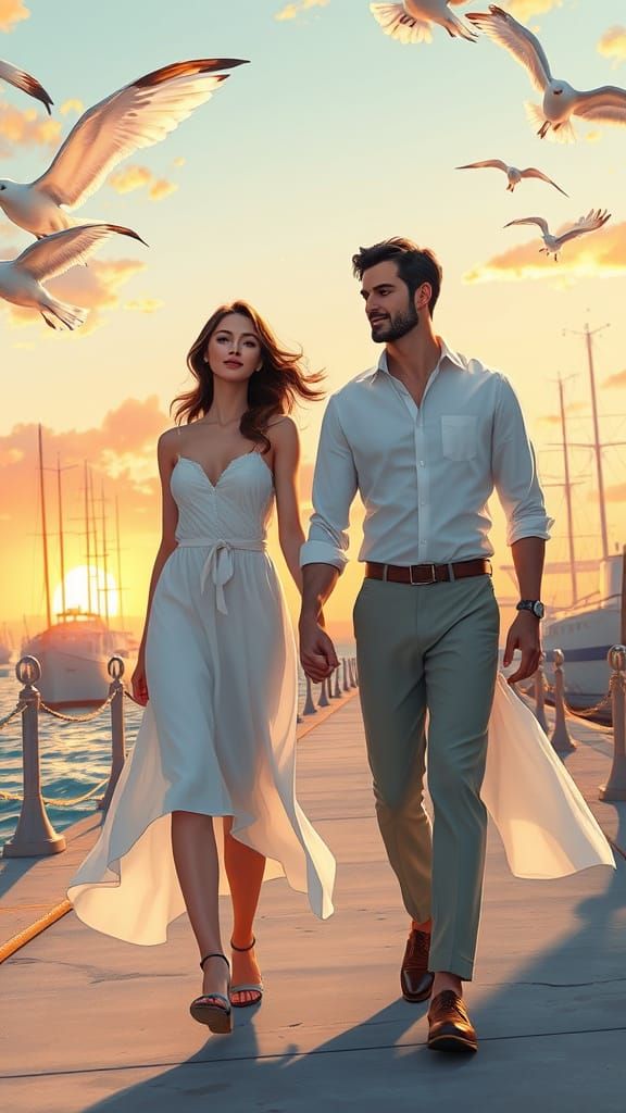 Handsome Couple Strolls Along San Diego Harbour at Sunset in...