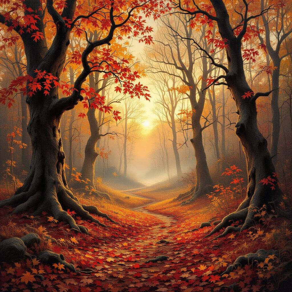 Golden Autumn Forest Sunset in Atmospheric Oil Painting Styl...