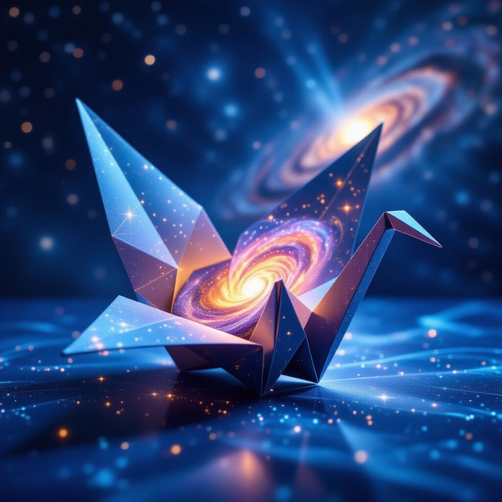 Origami Crane Reveals Nebula in Deep Space, Hyperrealistic