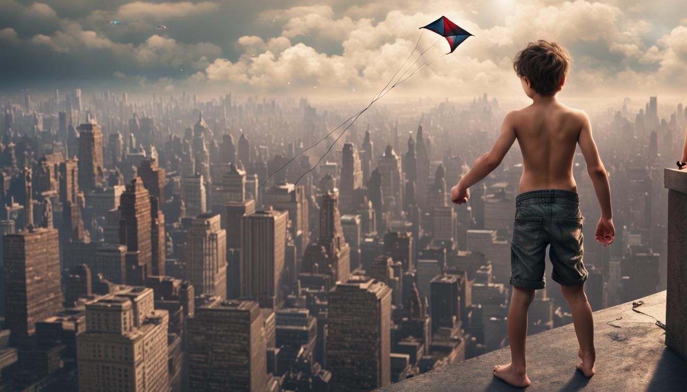 Boy Flying Kite in Mega City One: Digital Matte Painting