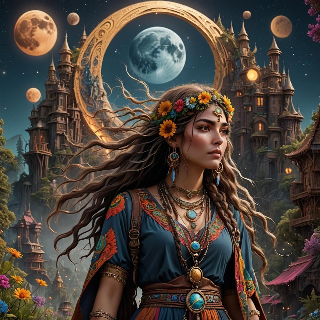 Hippie Girl Moon: Detailed Matte Painting