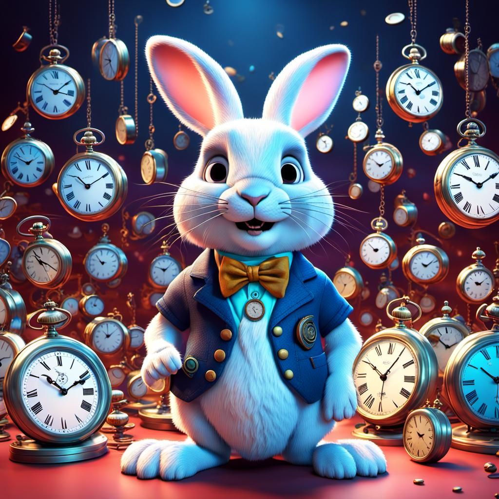 White Rabbit with Clocks: Pixar-Style 3D Digital Art
