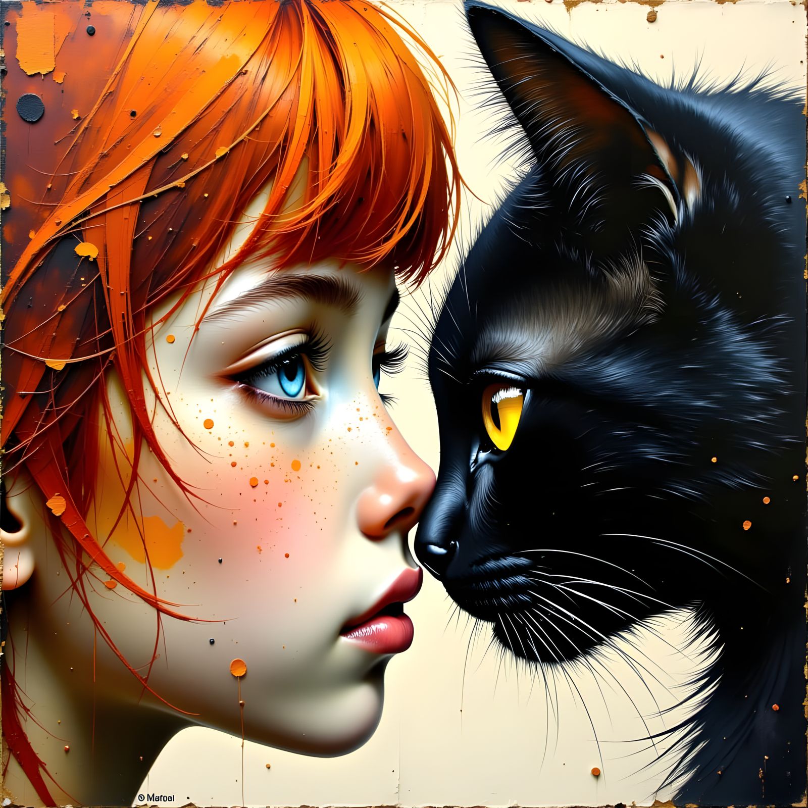 Girl and Cat Nose-to-Nose, Impasto Oil Painting