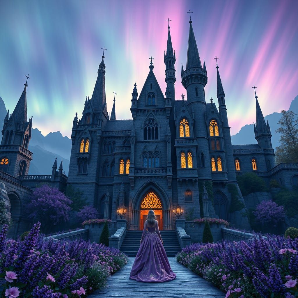Enchanted Castle at Dawn with Lavender Garden and Regal Lady