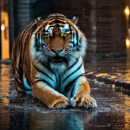 Resilient Figure in Neon-Lit Cityscape, Impressionistic Oil ...