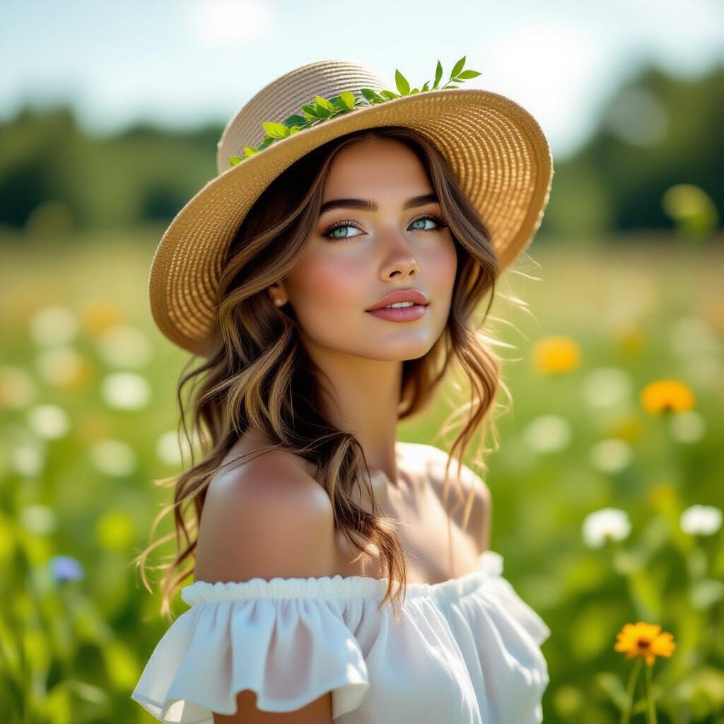 Young Woman in Straw Hat Amidst Wildflowers