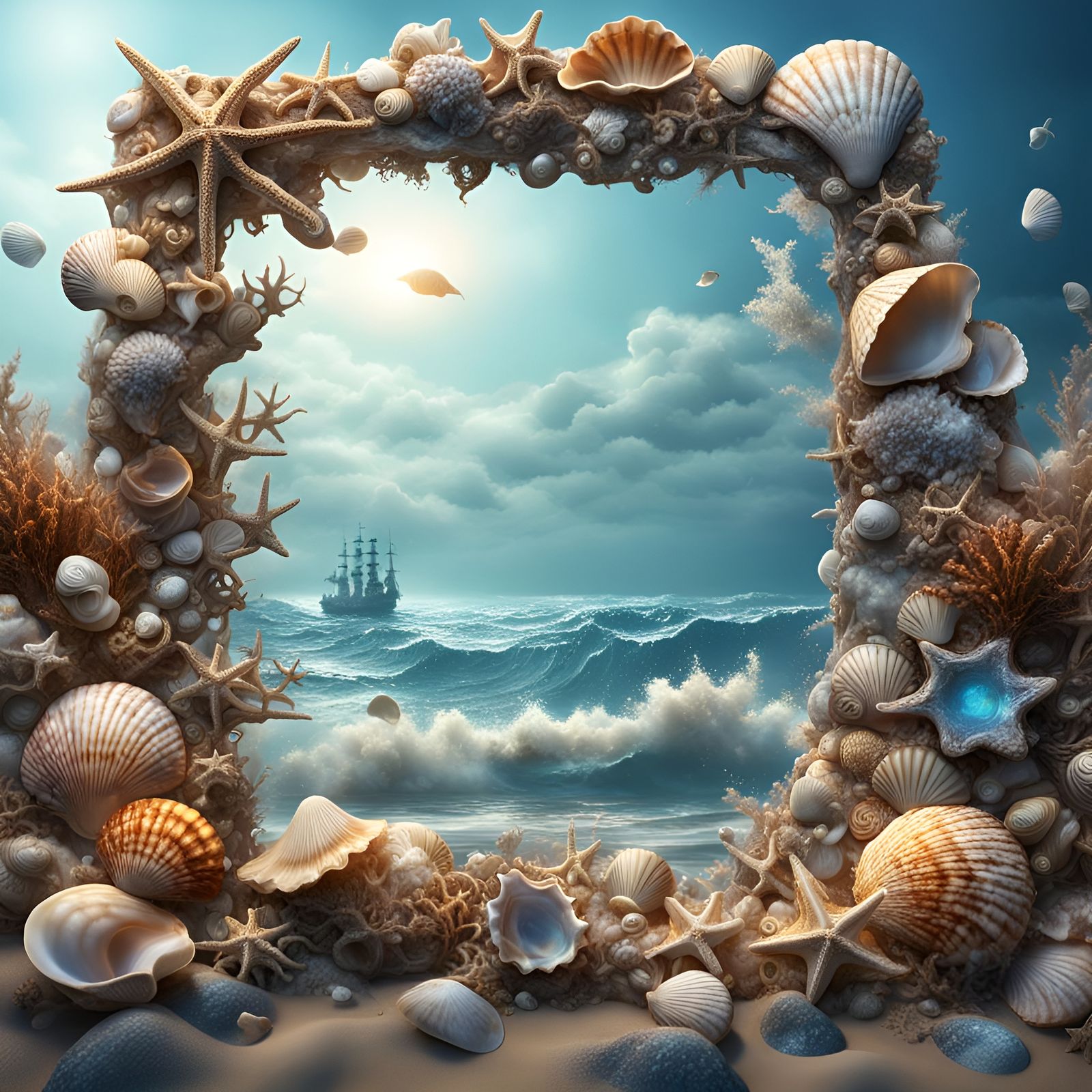 Frame made of sea-shells, ocean scene