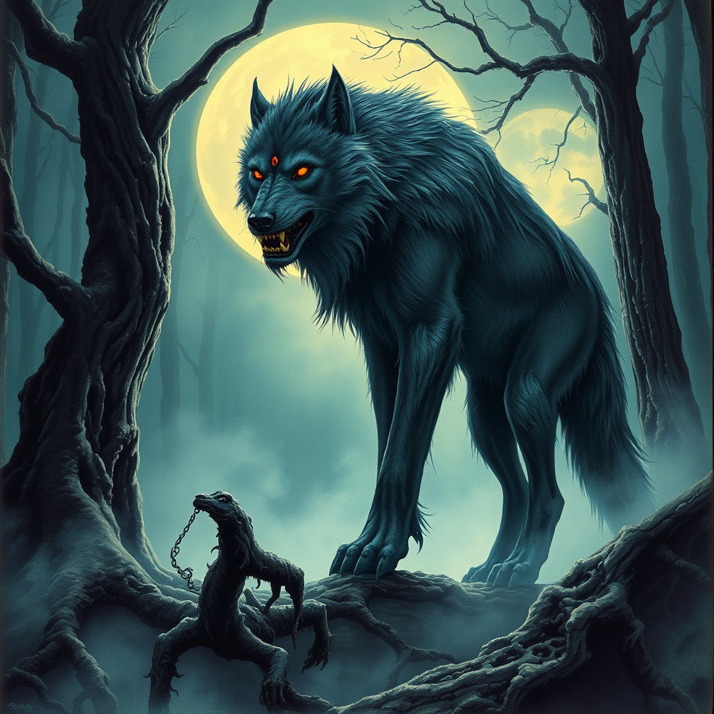 Majestic Werewolf in Misty Forest, Fantasy Illustration