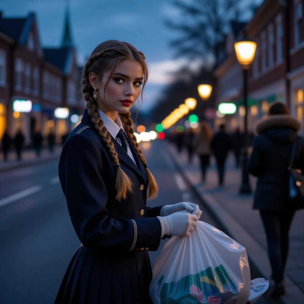 Young Woman Collecting Trash at Twilight in Cinematic Style