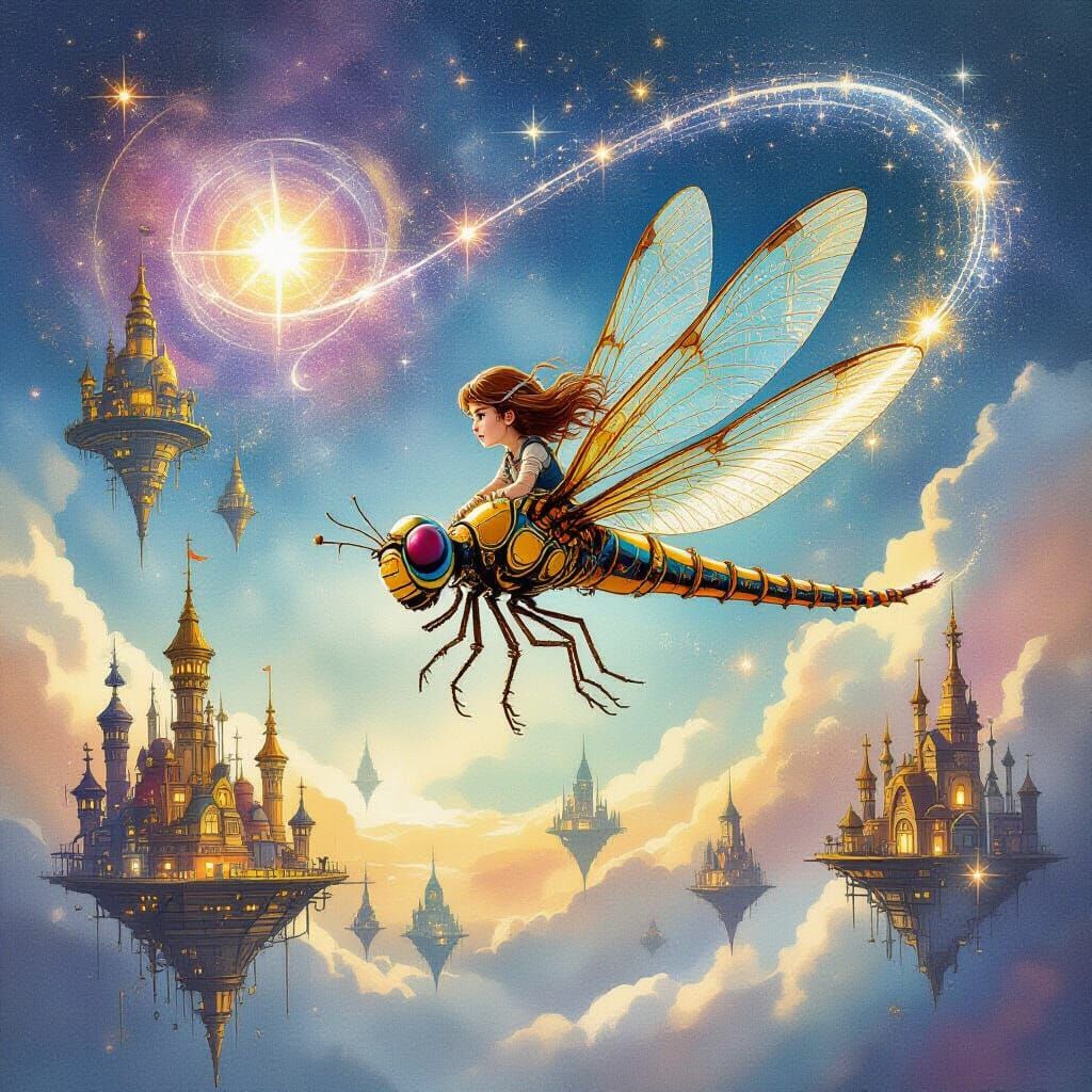 Steampunk Dragonfly Soaring Through Whimsical Cosmos in Wate...