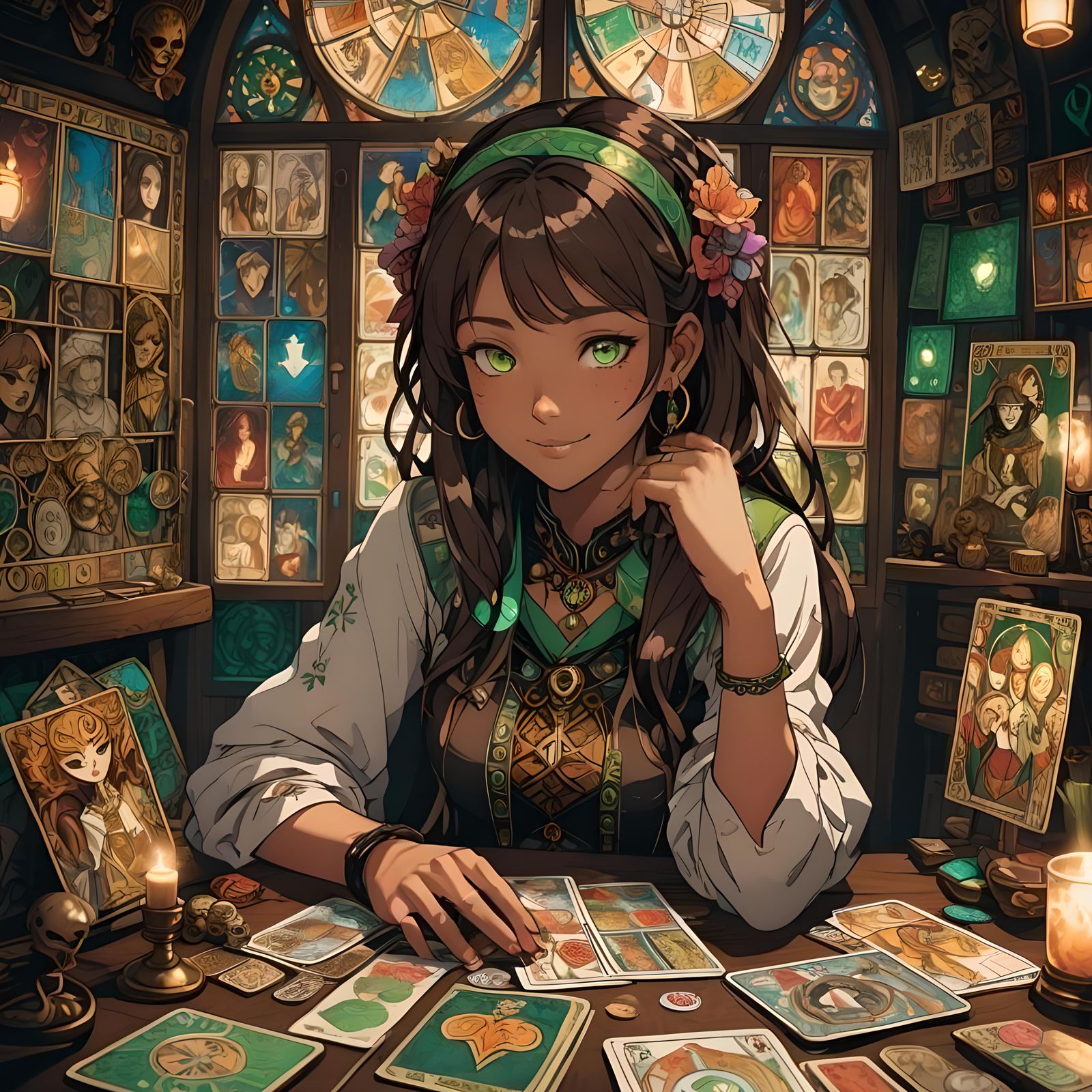 Anime Girl with Tarot Cards and Voodoo Dolls