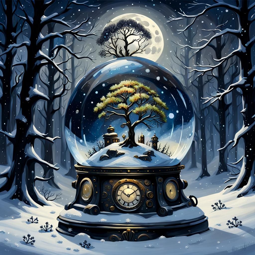Steampunk Snow Globe in Eerie Winter Forest