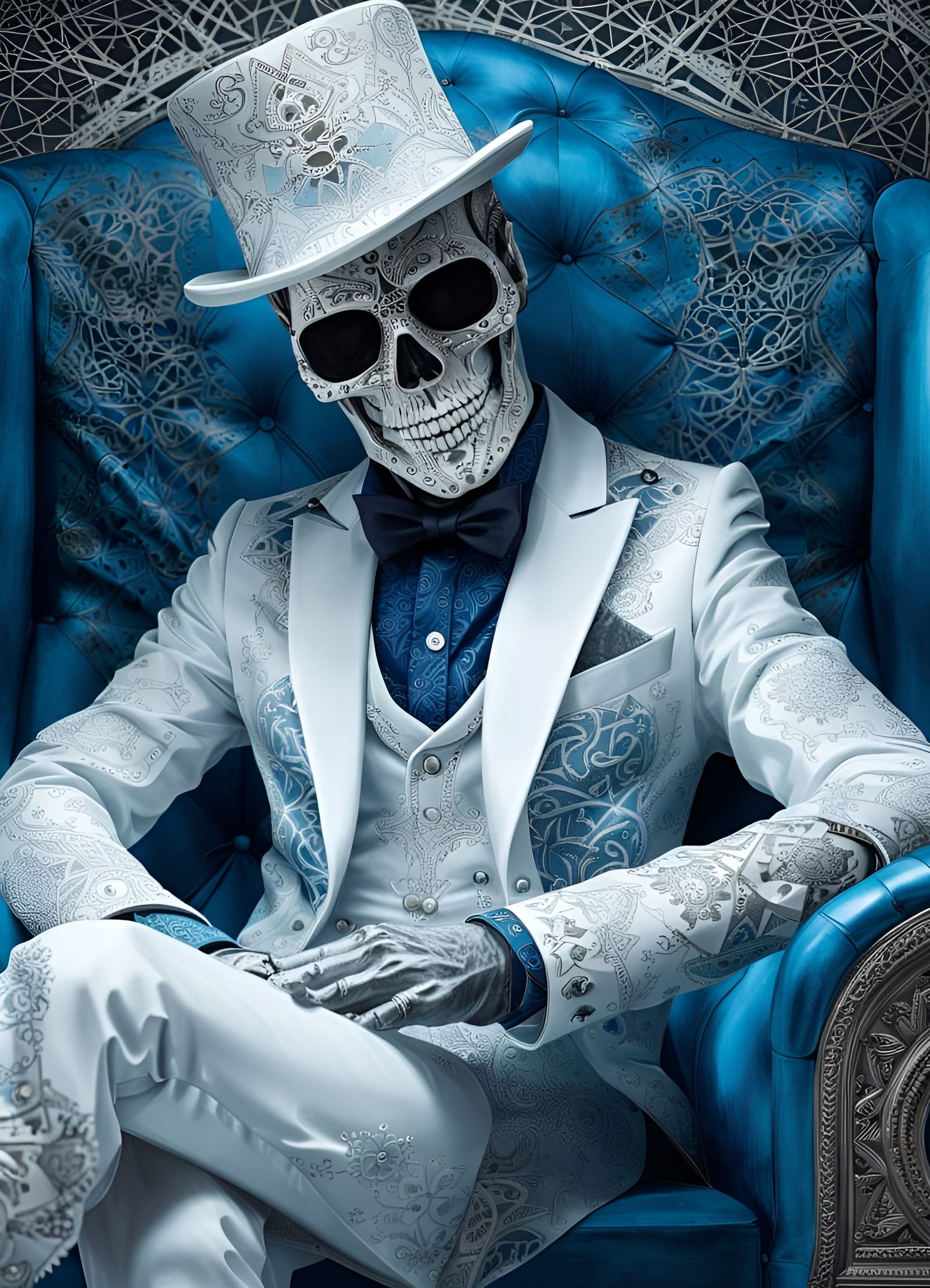 Skeleton Baron with Tophat on Blue Couch Digital Art