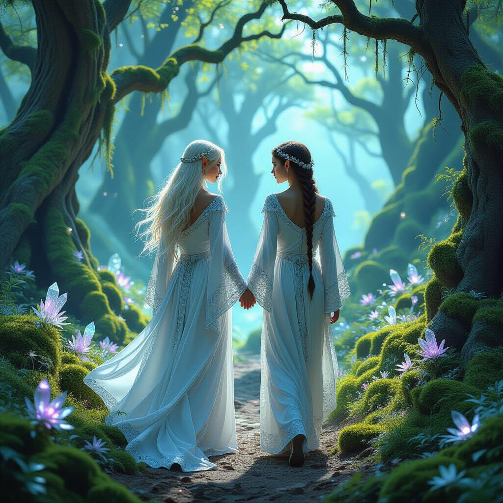Elven Sisters Journey Through Bioluminescent Forest