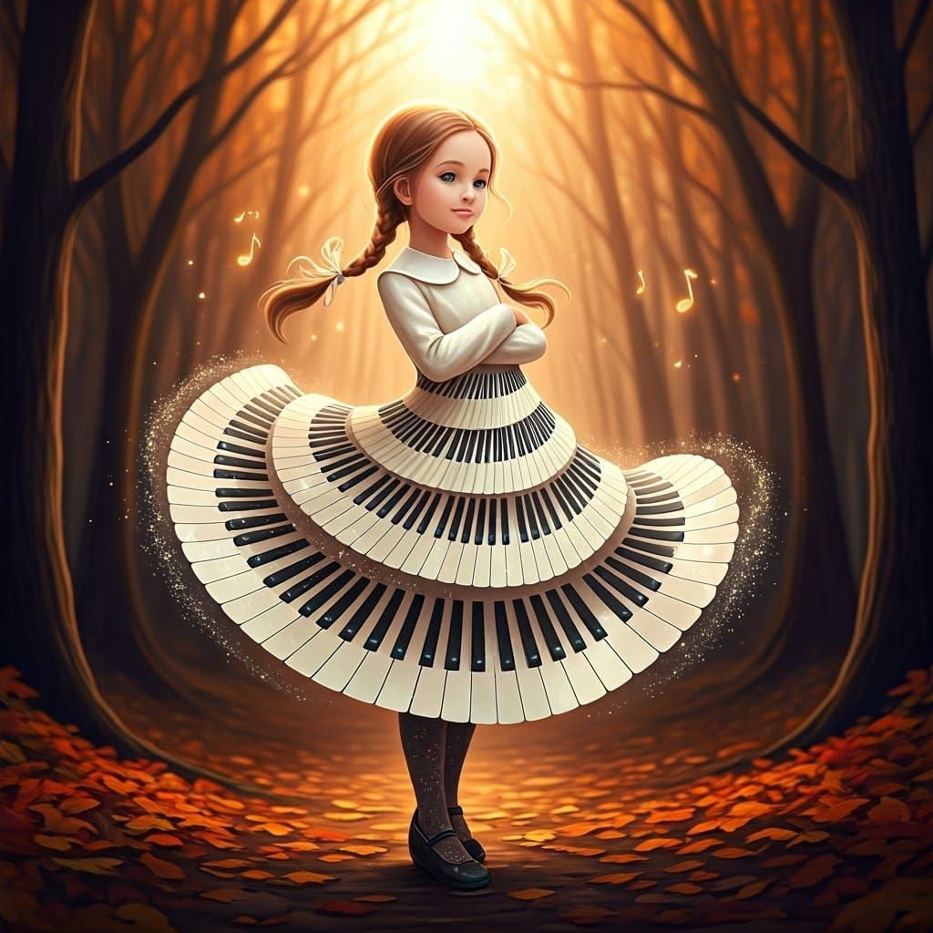 Innocent Whimsy Girl Dancing in Autumn Forest