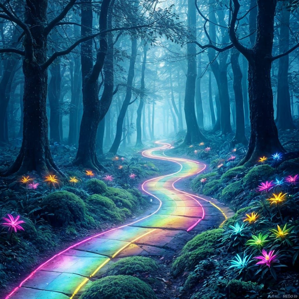 Dreamlike Fantasy Landscape with Winding Rainbow Pathway