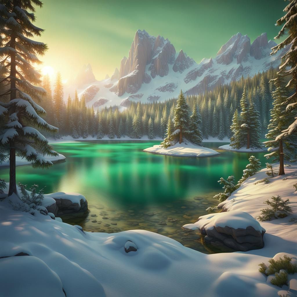 Emerald Lake Reflects Winter Forest at Sunset