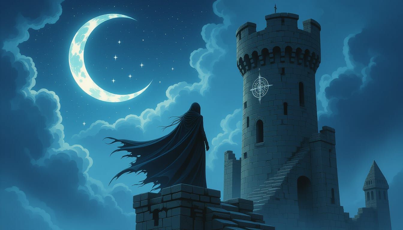 Gothic Sorceress on Ancient Tower Under Starry Sky