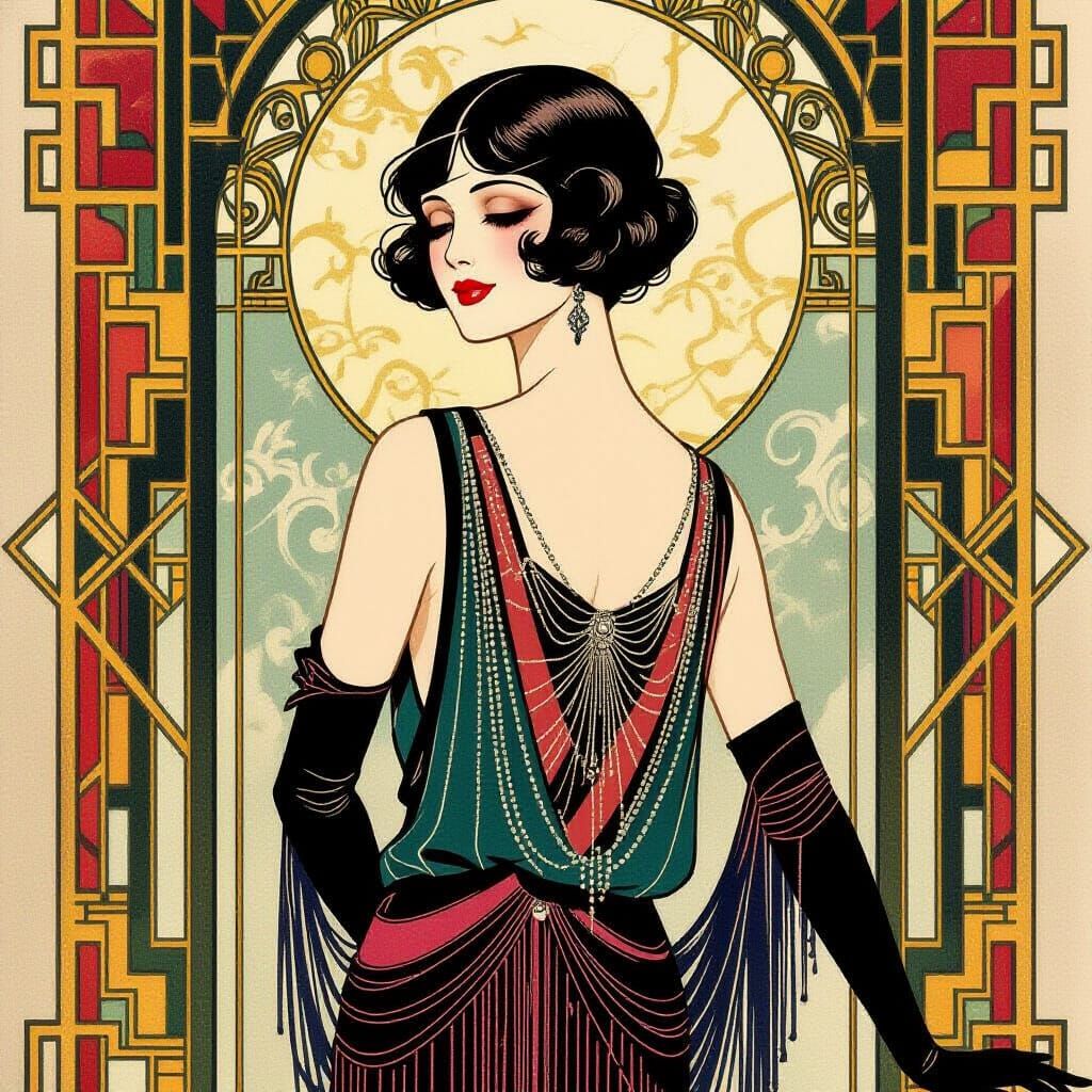 1920s Flapper Fashion Illustration in Art Deco Style