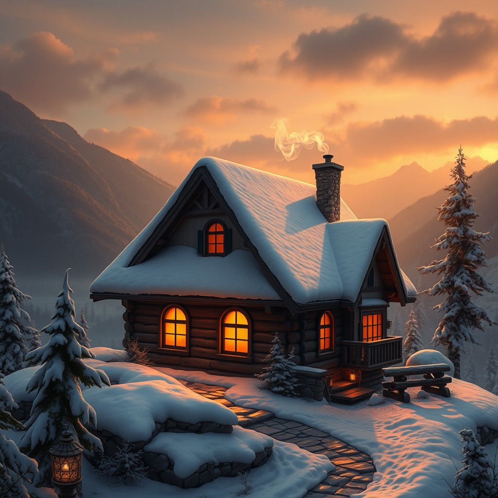 Cozy Home in Snowy Valley: Matte Painting