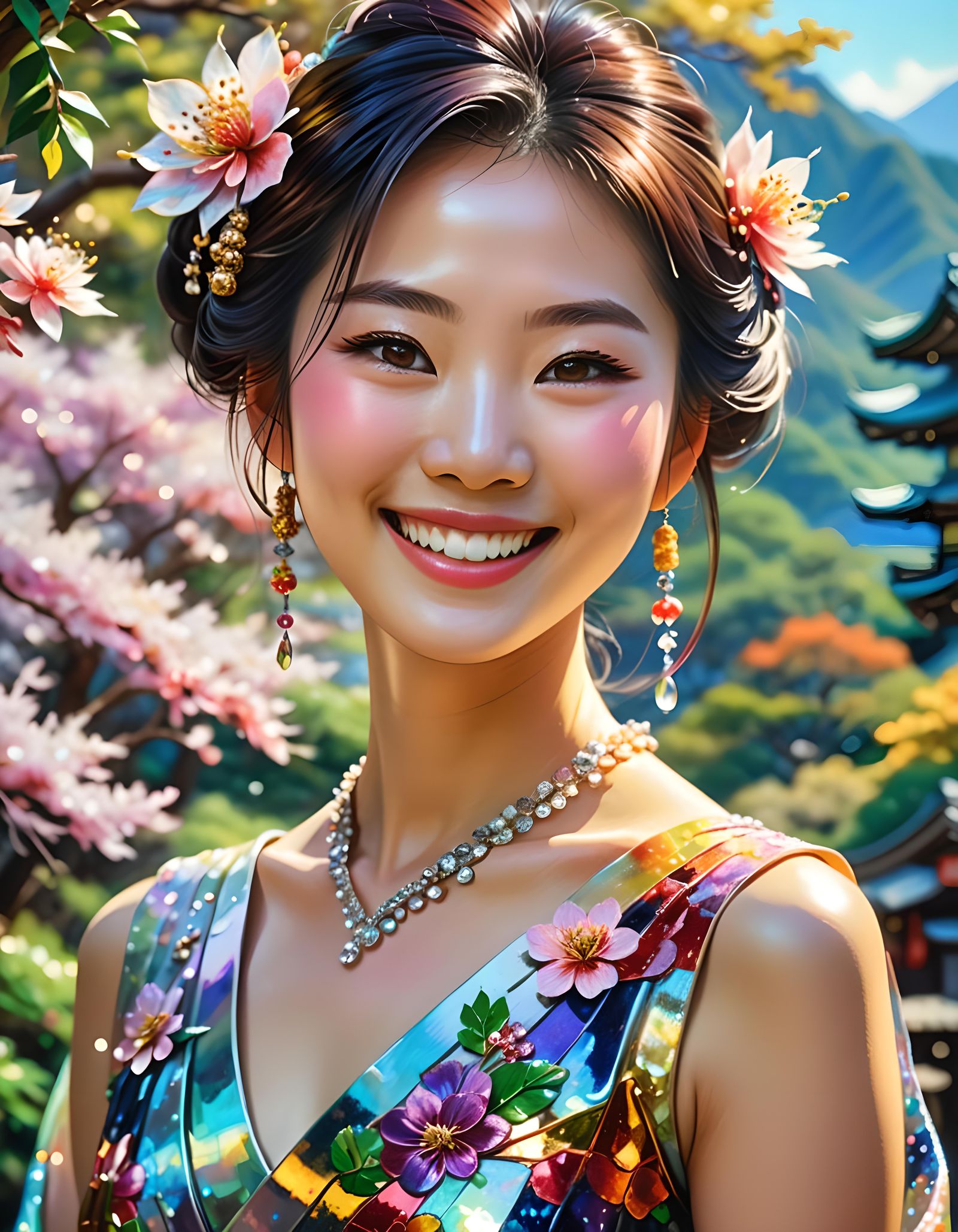 Smiling Japanese Lady in Iridescent Dress