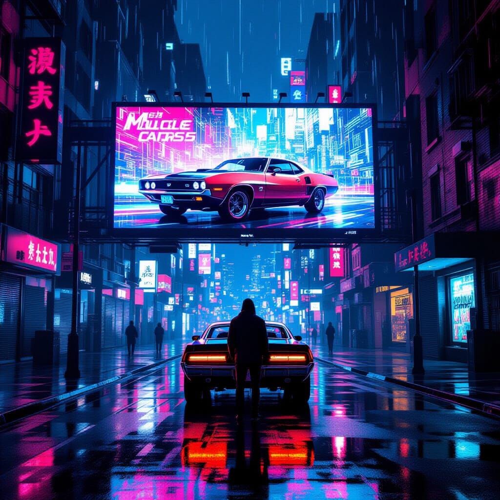 Cyberpunk City Scene with Retro Muscle Car Ad