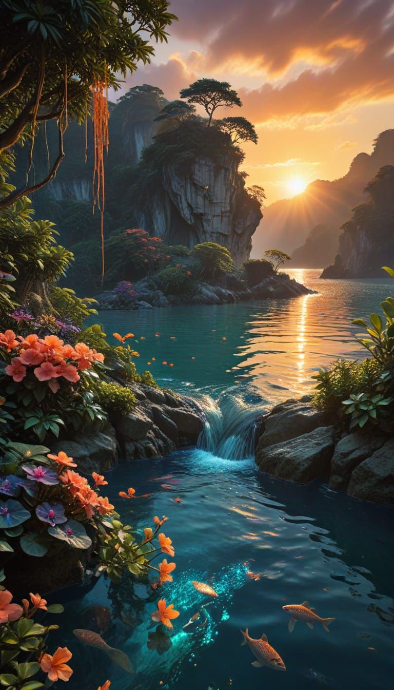 Surreal Lagoon Paradise at Sunset in Golden Ratio Harmony
