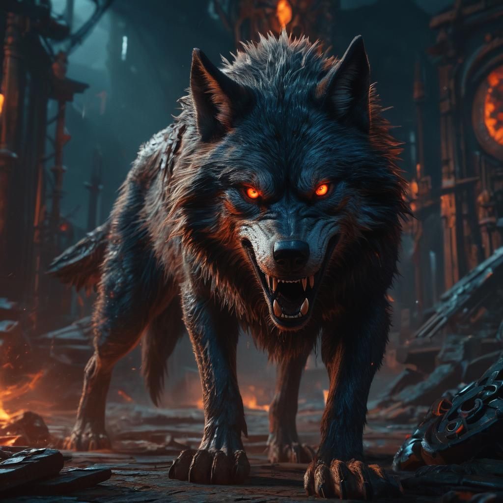 Ferocious Wolf with Clockwork in Dark Fantasy Style