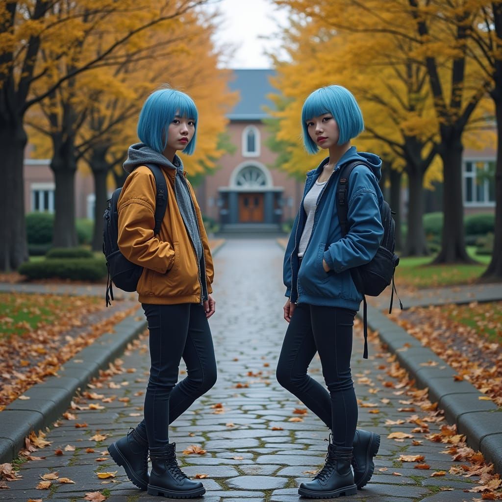 Hyper Realistic Portrait of Blue-Haired Punk Women in Autumn...