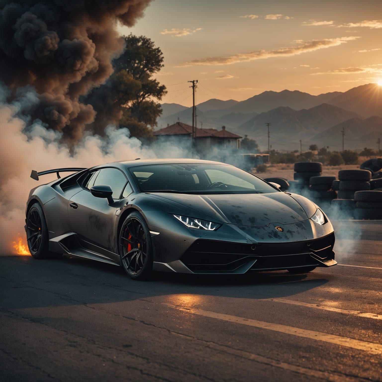 Lamborghini Huracan Emerging from Sunset Smoke