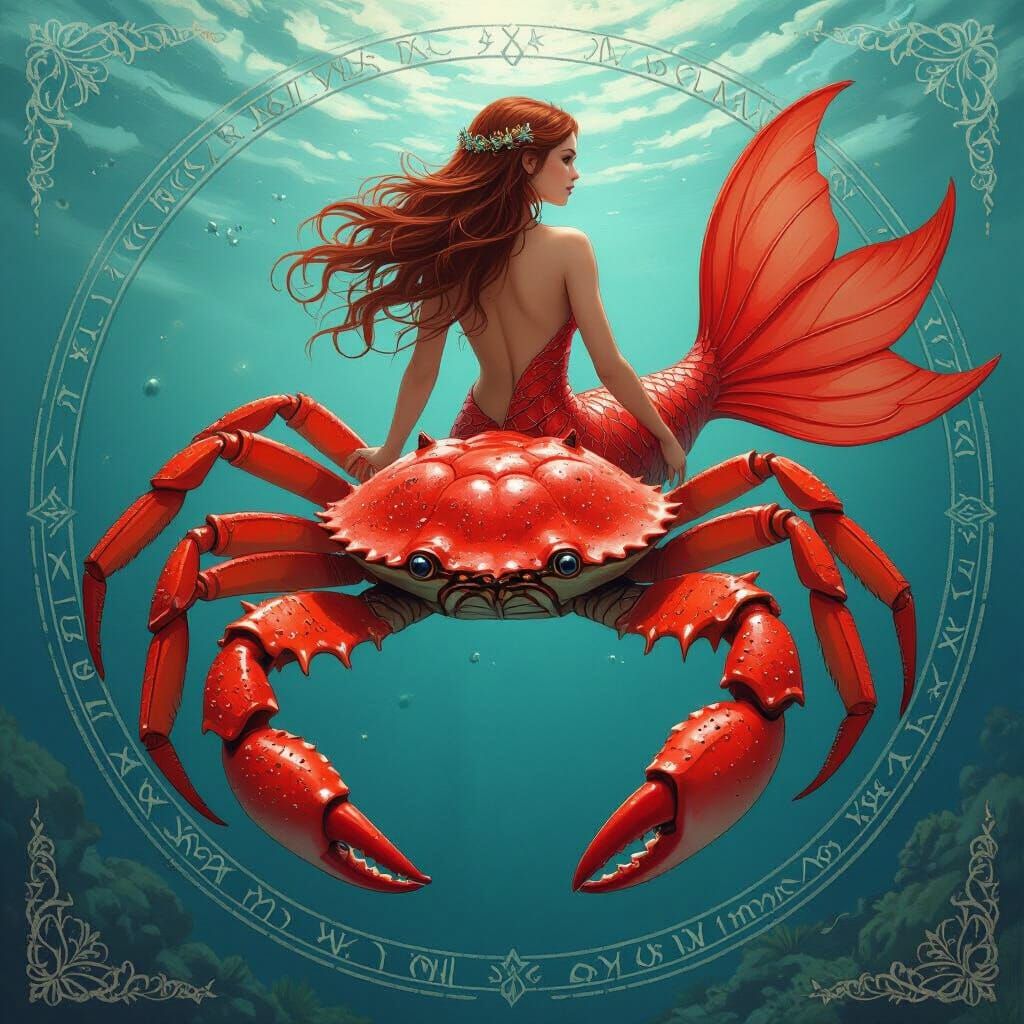Crab Mermaid with Red Tail in Painterly Style