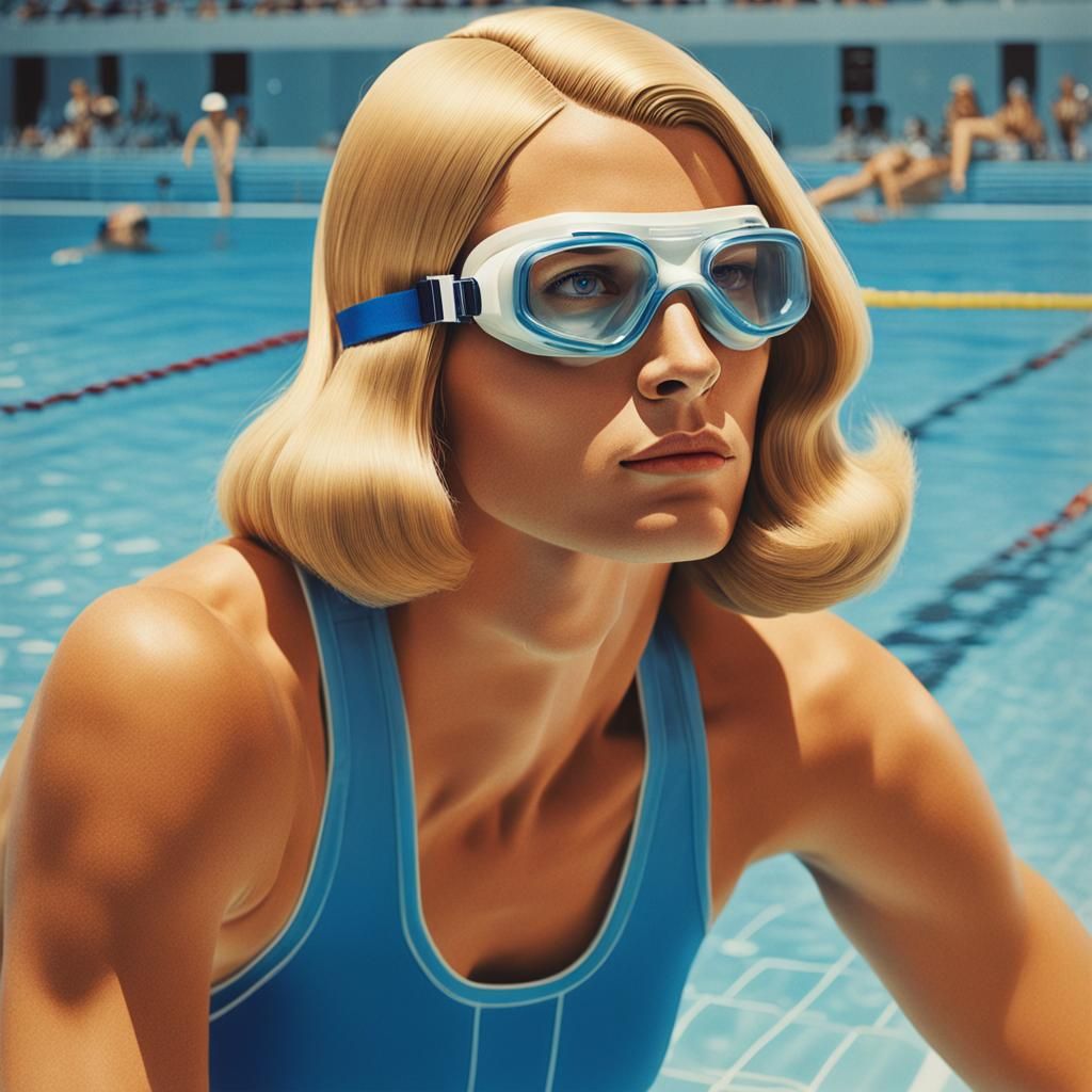 1970s Woman Swimmer in Realistic Portrait