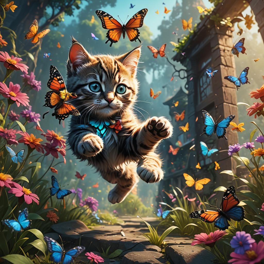 Kitten's Butterfly Chase: Fantasy Concept Art